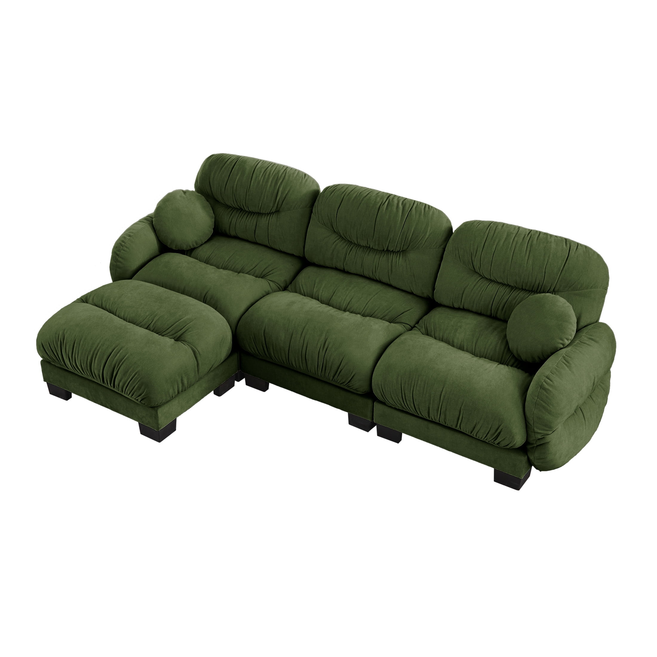 Noble House Corlan Pleated Chenille 3-Seater Sectional Sofa, Modular Deep Seat Couch with Ottoman and Throw Pillows, Green