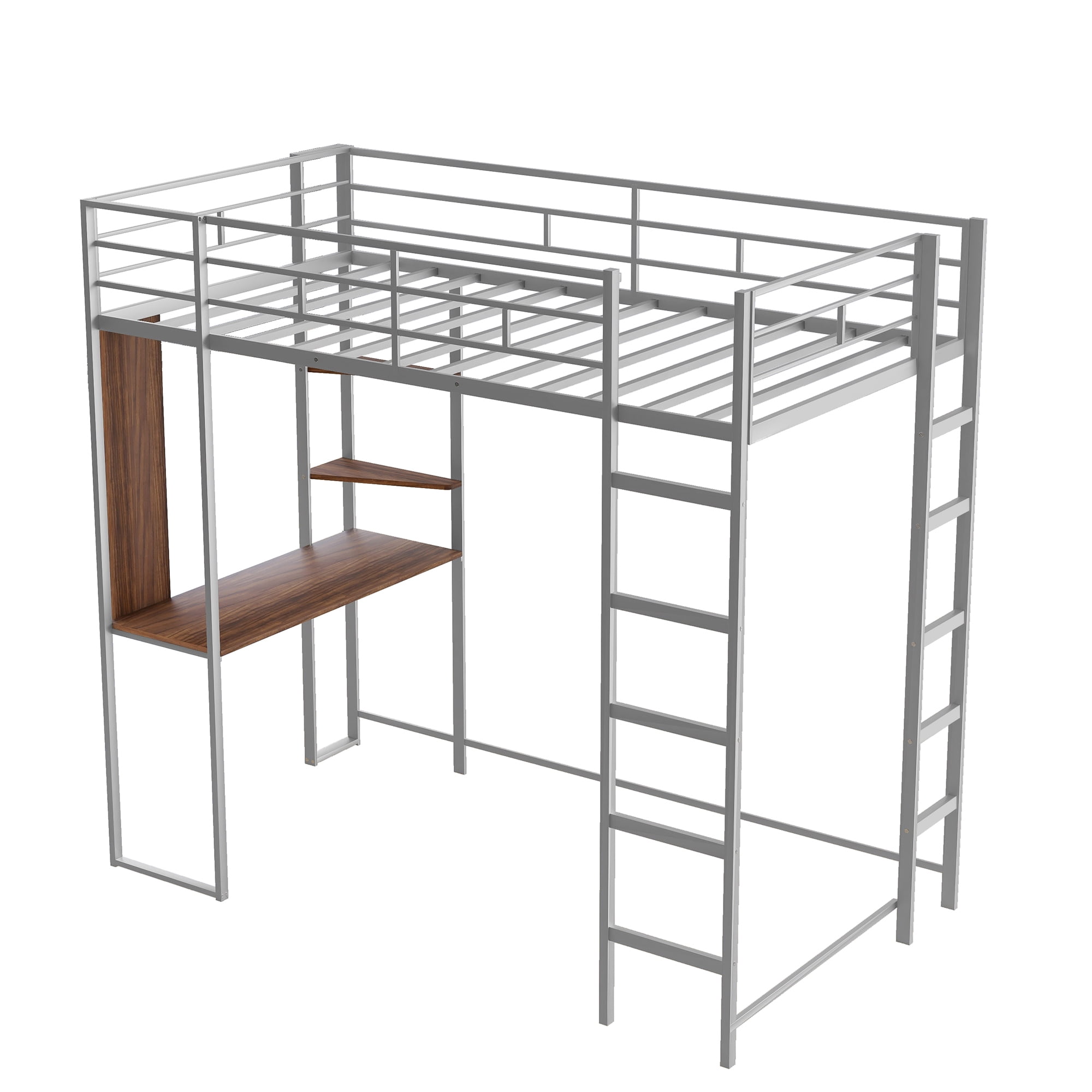 Aukfa Metal Twin Loft Bed with Desk and Shelves for Kids, Teens, Dorm, Double Ladder - Silver