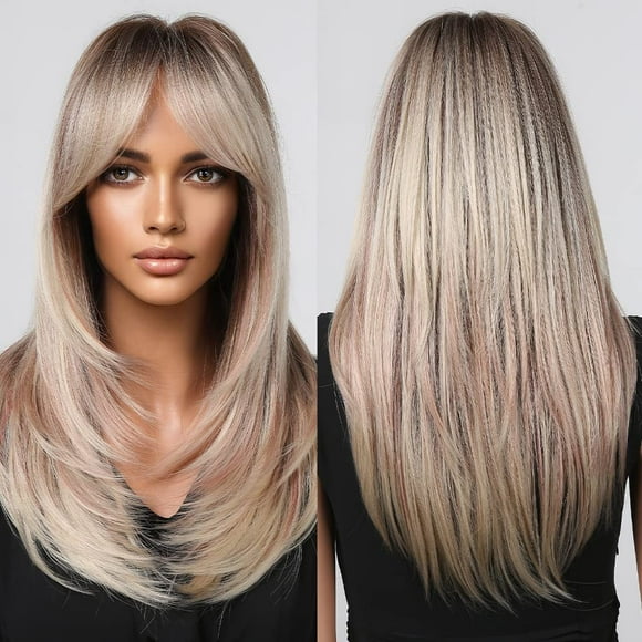 Long Straight Wigs for Women Long Layered Straight Wigs With Air Bangs Synthetic Wigs Natural Looking Hair Replacement Cosplay Wigs for Girls Perruques A12