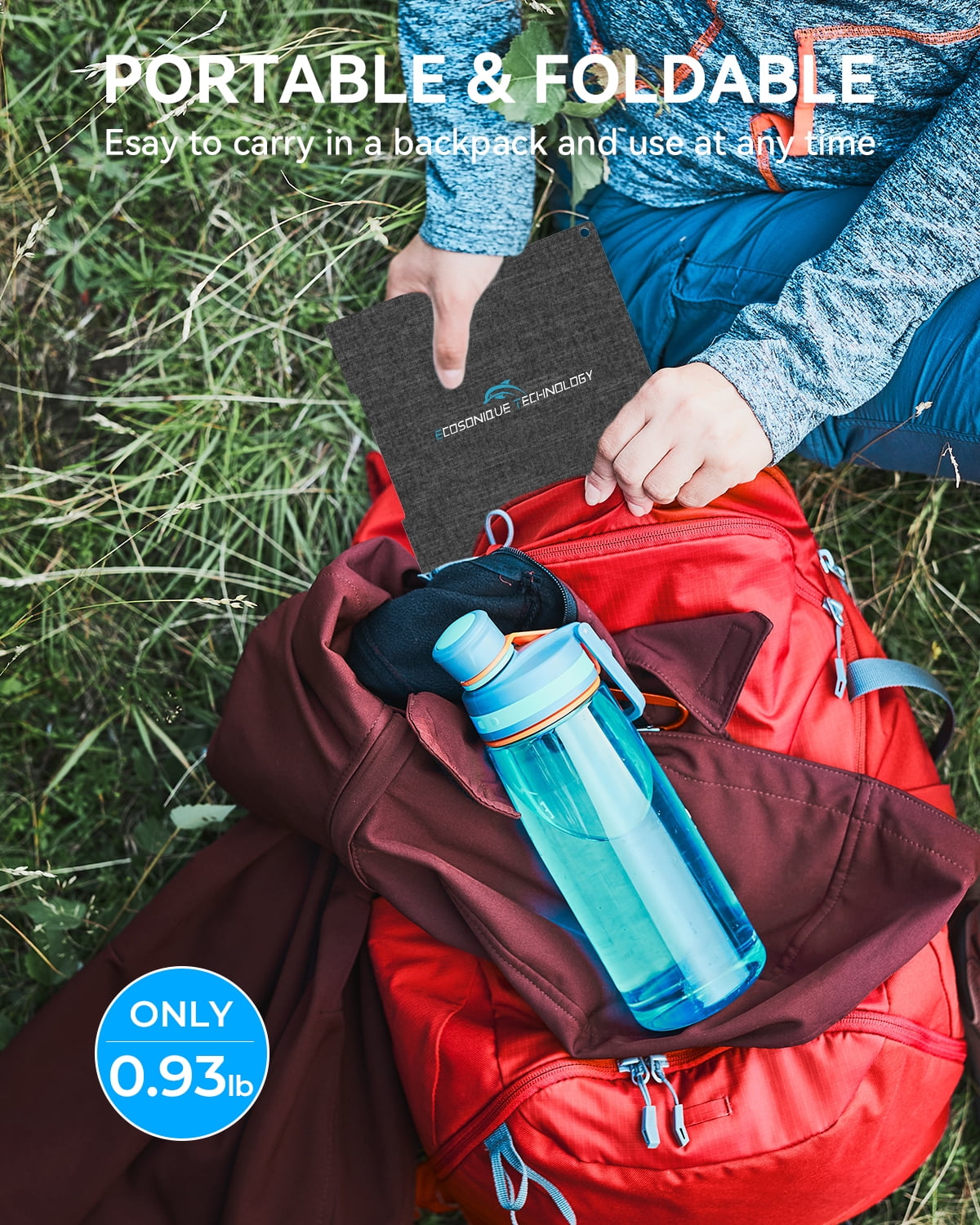 Ecosonique 15W Foldable Solar Charger Panel, Dual USB-A & USB-C Fast Charging, IP67 Waterproof ETFE, Ultra-Light Portable for Camping, Compatible with iPhone, Samsung, Google Pixel, LG