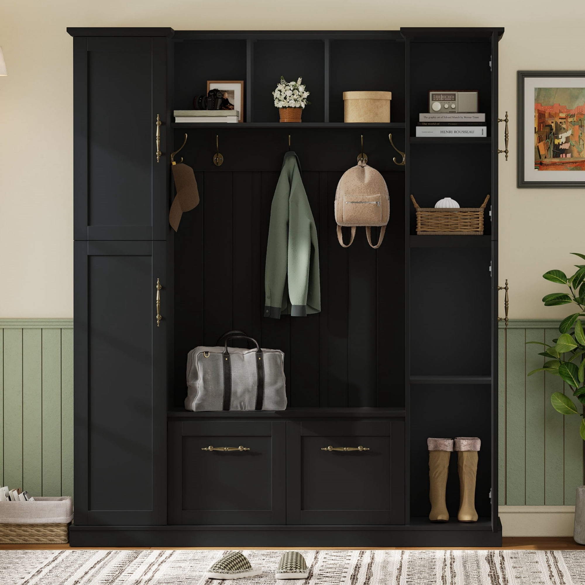 71"H Farmhouse Hall Tree with Bench & Shoe Storage,Large Hall Tree Entryway Bench with 4 Side Cabinets,Coat Rack & 5 Hooks for Mudroom,Hallway,Black