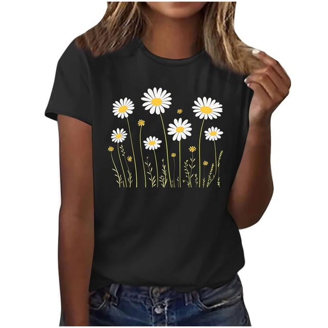 Camisas de Manga Corta para las Mujeres Moda Casual Impresión Cuello Redondo Suéter Tee Blusas
