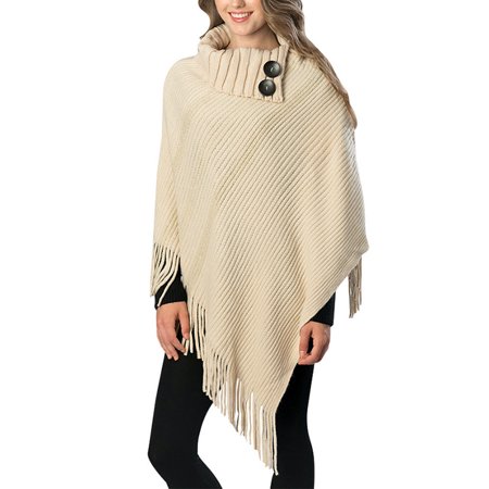 Sassy Apparel Womens Fringed Turtleneck Poncho Sweater Top with Buttons ...