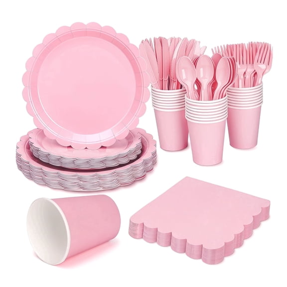 168 Pcs Light Pink Party Supplies – Disposable Scalloped Paper Plates, Napkins, Cups, Forks & Knives Set for Weddings, Birthdays, and Table Decorations