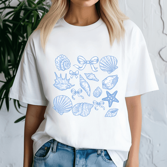Blue Seashell Bow Beach Girls Ocean Shirt,Preppy Summer Vibes ,Summer Beach Tshirt,Girls Trip,Summer Tee,Summer Vibes