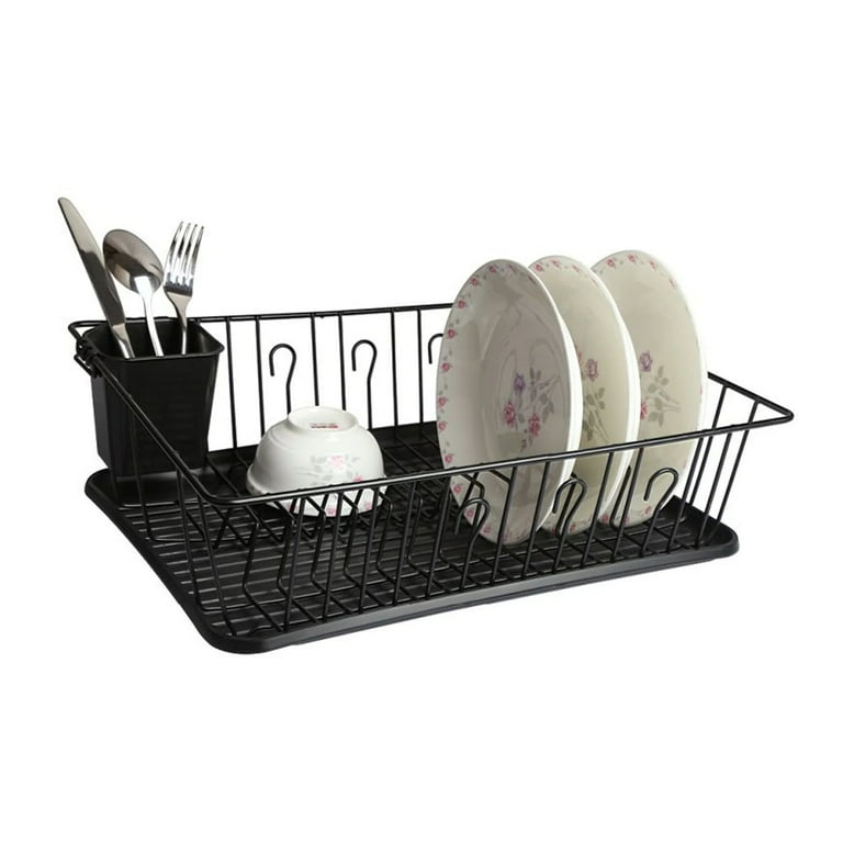 Mega Chef Black Stainless Steel and Plastic 17.5 inch Dish Rack with 14 Plate Positioners and a Detachable Utensil Holder