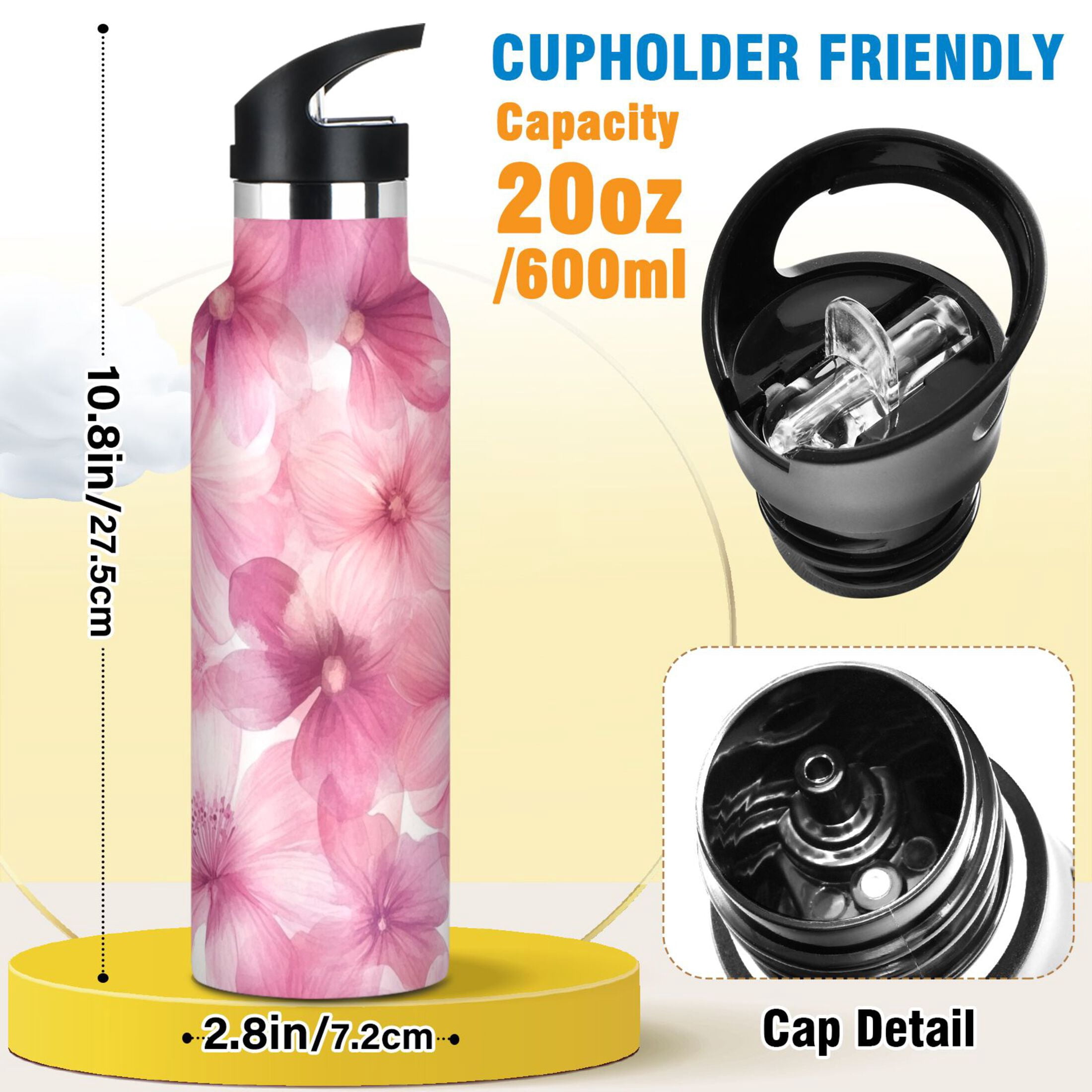 600ML Stainless Steel Insulated Cup Sports Water Bottle Portable Thermos Cup Water Glasses Insulated Tumblers Convenient and Durable Pink Flowers