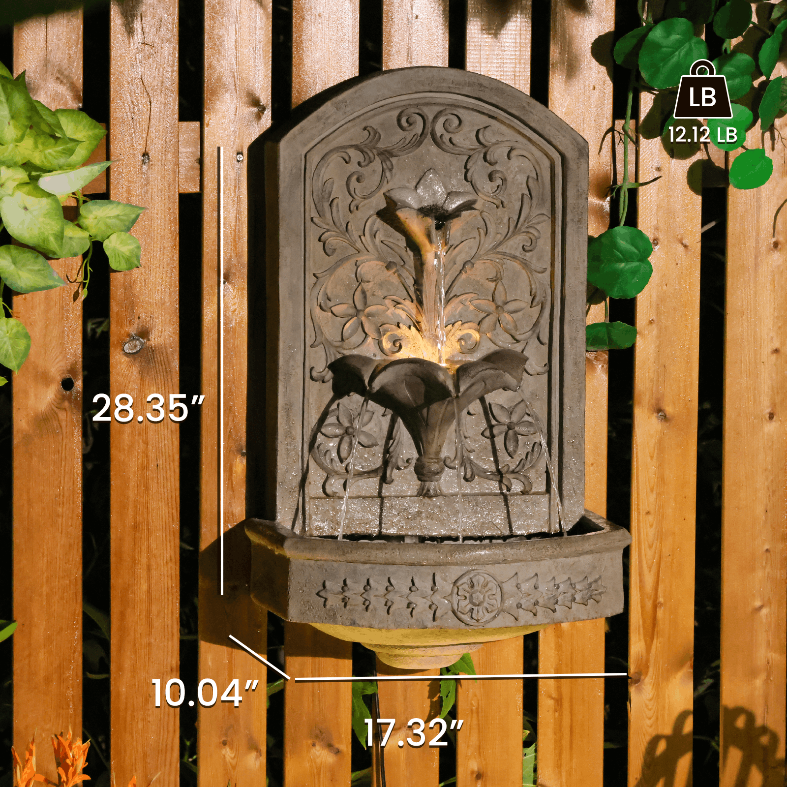 Vintage Wall-Mounted Outdoor Fountain, 28.3" H Resin Garden Water Feature with Floral Carving, Decorative Antique Wall Waterfall for Patio, Yard, Porch & Home Décor