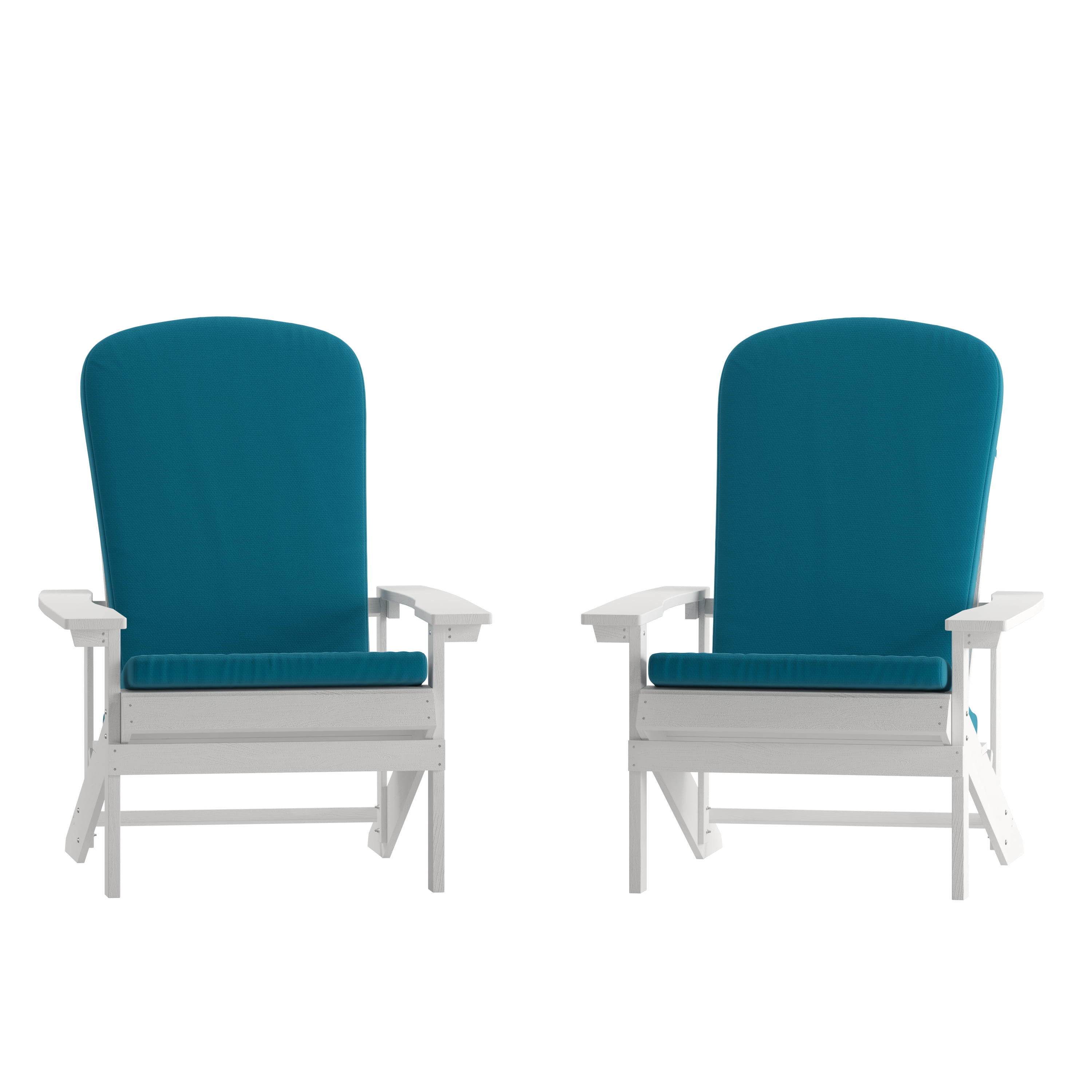 BizChair Set of 2 All-Weather Poly Resin Wood Adirondack Chairs in White with Teal Cushions for Deck, Porch, and Patio