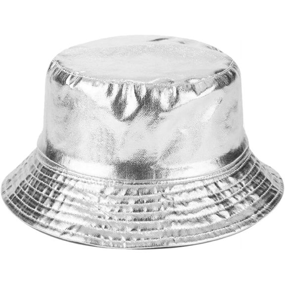 Zhengup Metallic Bucket Hat PU Leather Trendy Fisherman Hats Unisex Reversible Packable Sun Cap