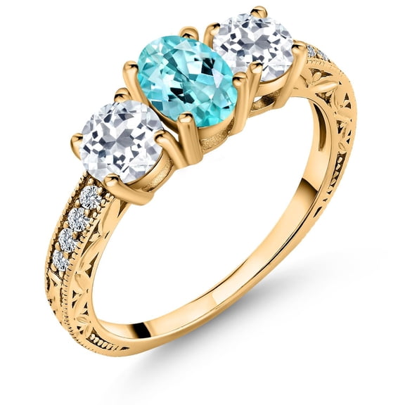 Gem Stone King 2.14 Ct Oval Blue Apatite White Topaz 18K Yellow Gold Plated Silver Ring (Size 8)