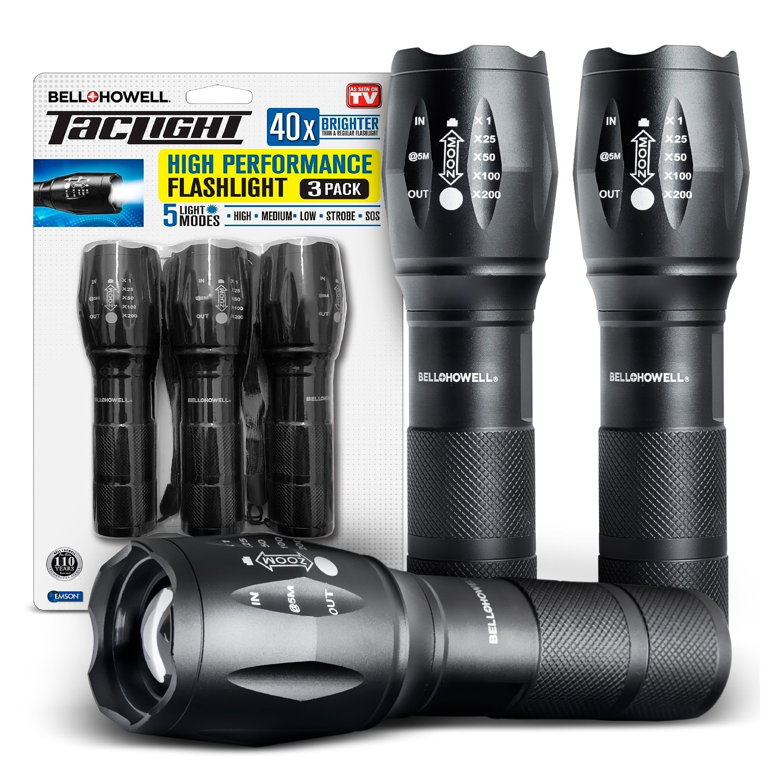 Taclight Tactical Flashlight 3 Pack Weatherproof Aircraft Grade Aluminum Construction, 5 Light Modes with 50,000 Hour Cree LEDs, 40x Brighter β As Seen on TV