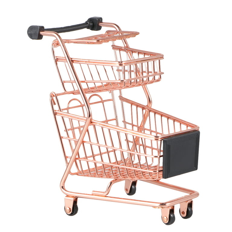 Mini Two-Tier Shopping Cart Children Simulation Play Toy Grocery Cart Trolley Storage Basket Rose Gold Trolley, Size: 15*8.5CM