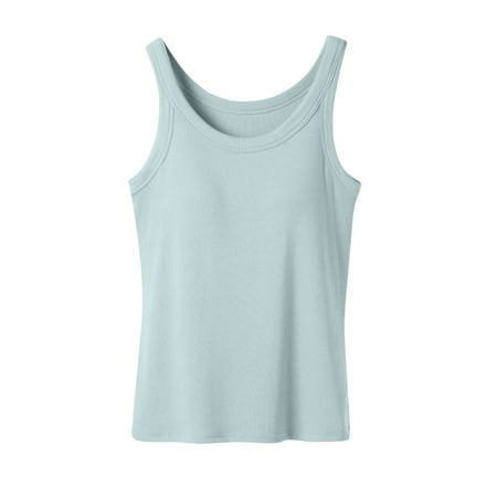 Womne Ribbed Tank Top with Sewn in Built in Bra Cup Sleevless Form Fitting Push Up Padded Bra Cami Shirt Basic Knit Tee Mint Green L