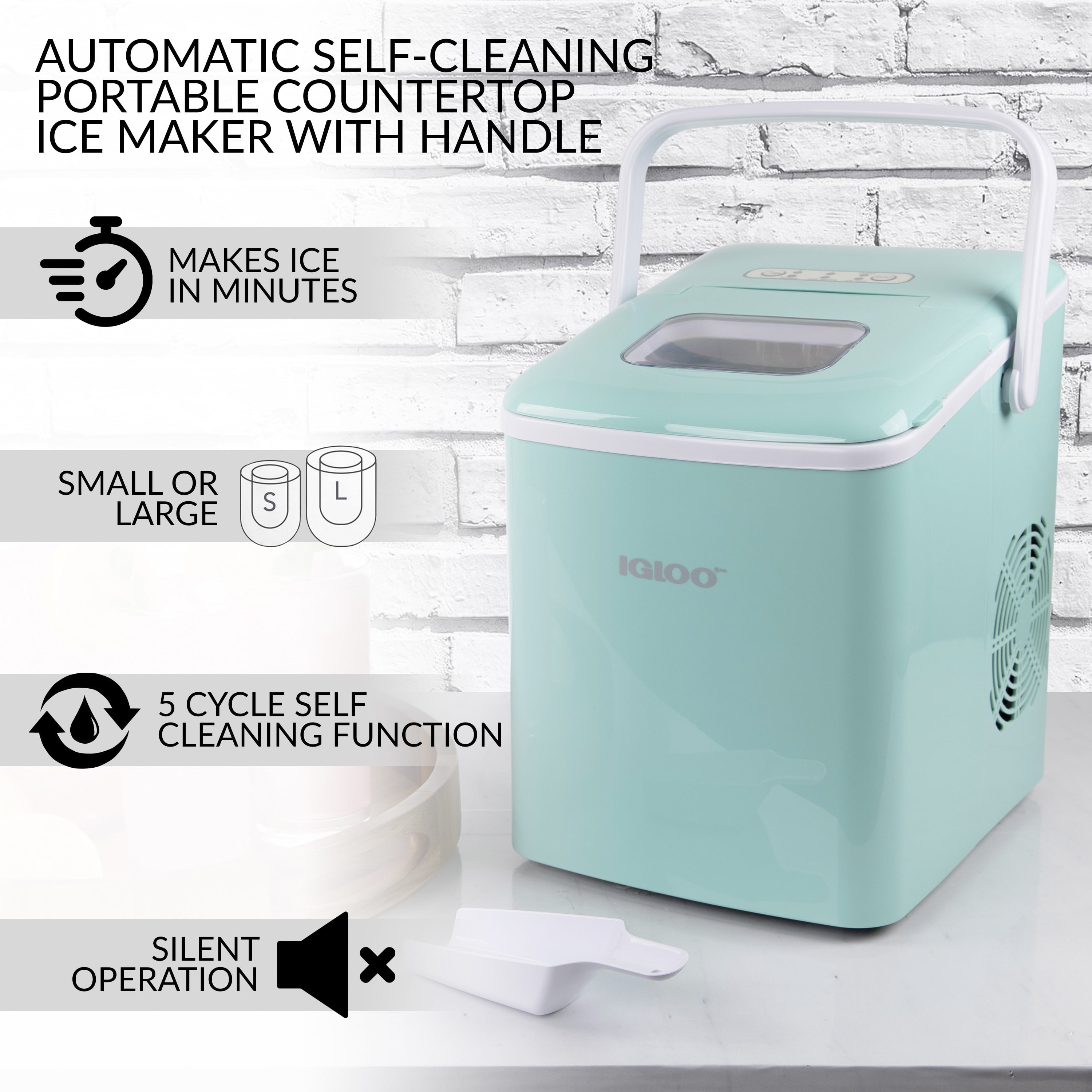 Igloo Handled Ice Machine, Self-Cleaning Countertop Ice Maker with Ice Scoop and Basket, Aqua
