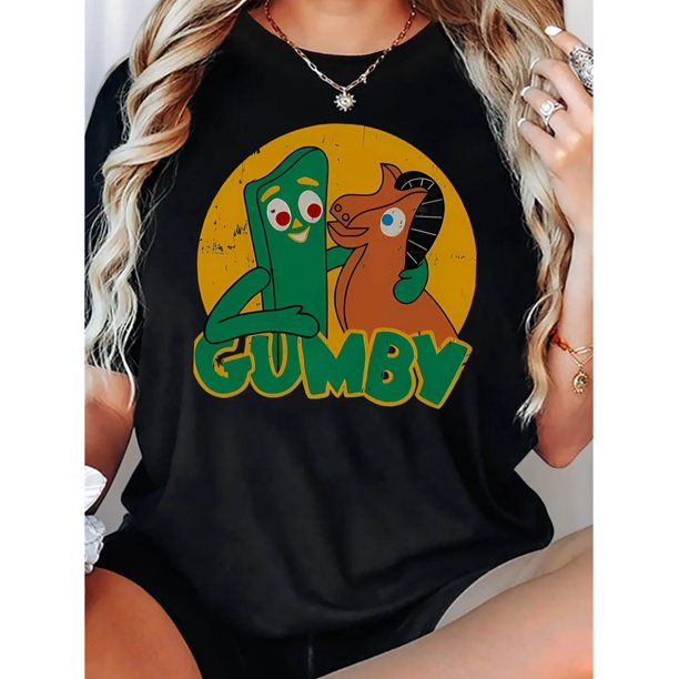 Women's "GUMBY" Cartoon Graphic T-Shirt | Lightweight Polyester Blend | Casual Round Neck Short Sleeve Tee | Perfect for Summer Comfort