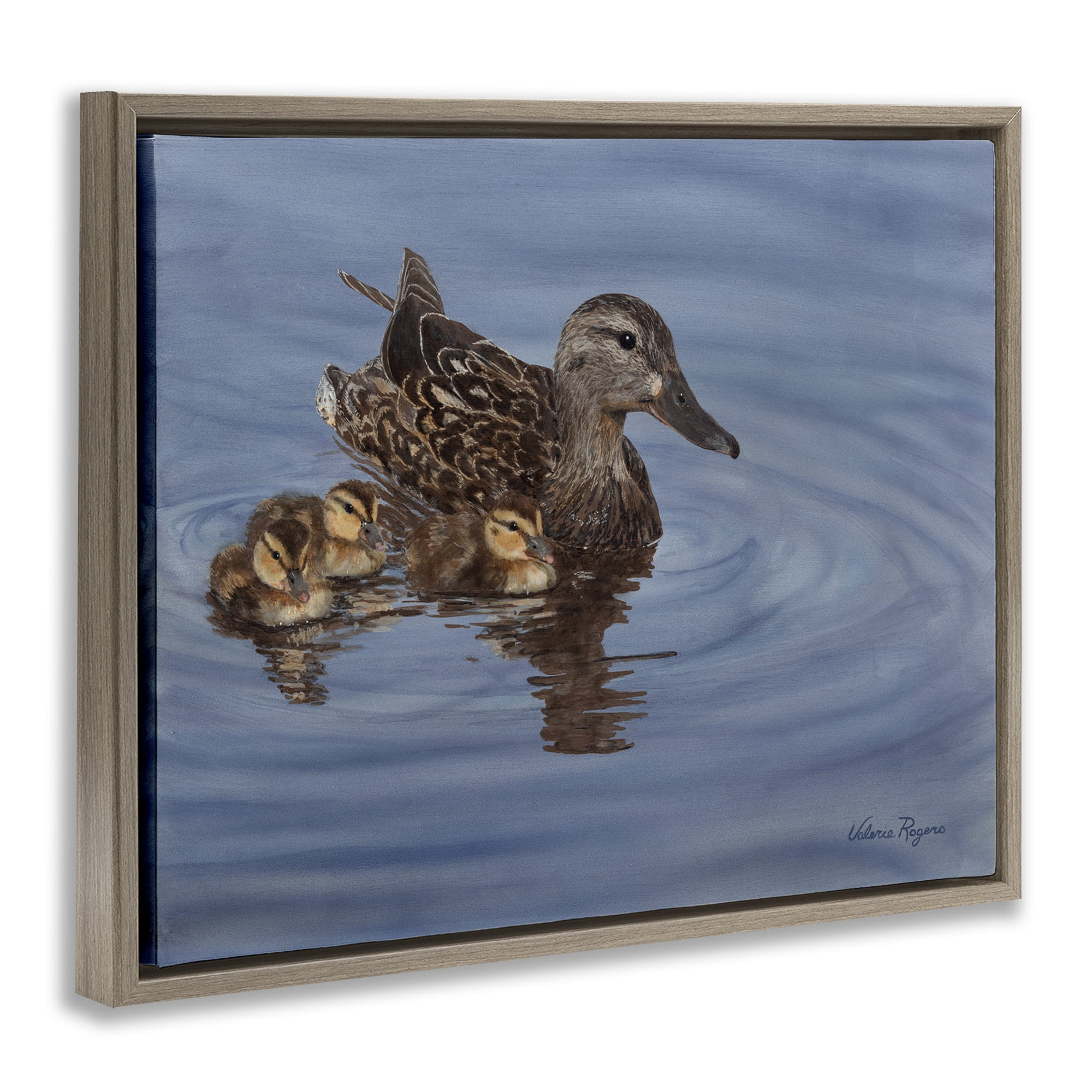 Stupell Industries Duck Family Ripples Animals Painting Brown Floater Framed Canvas Art Print Wall Art, 21 x 17