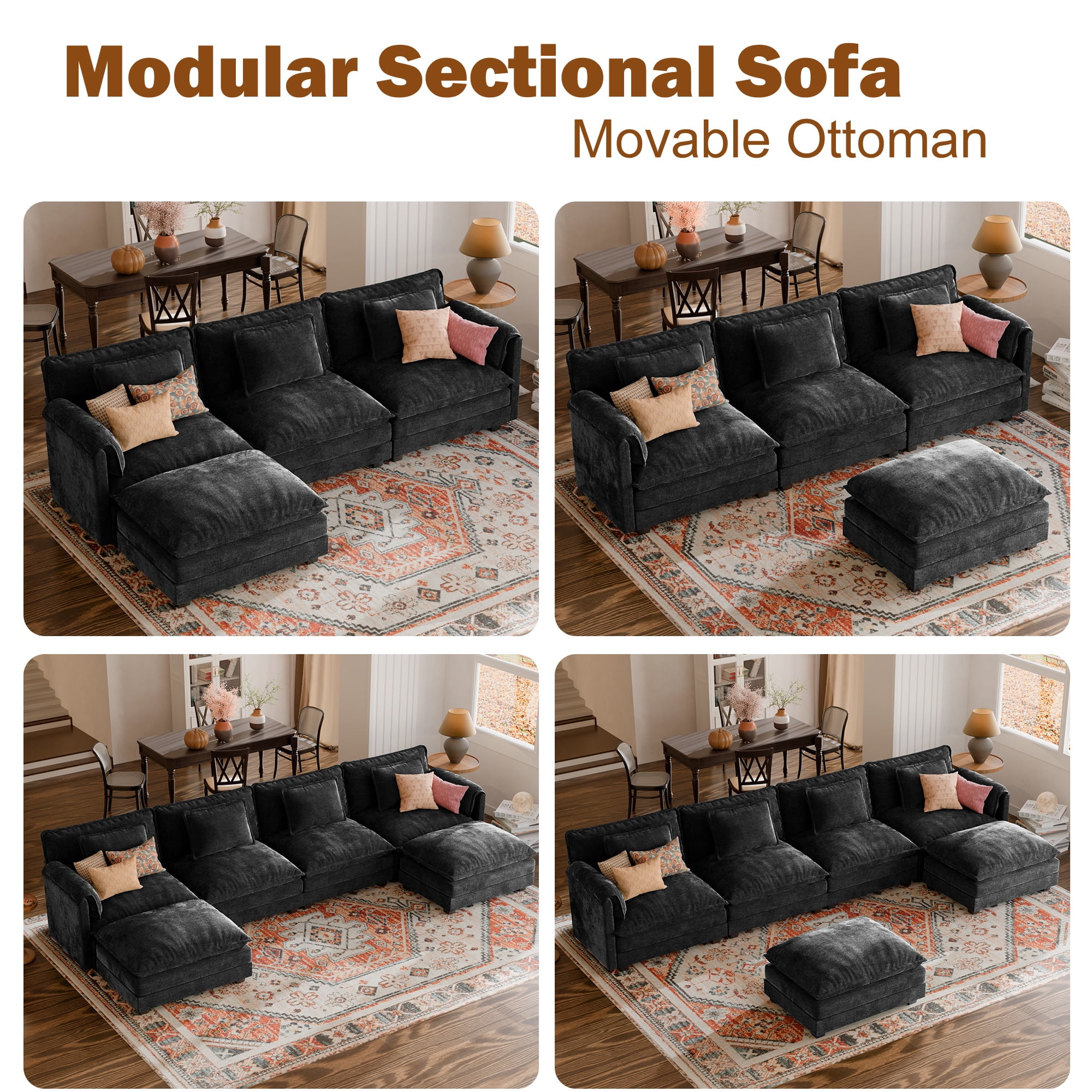 JULY'S SONG U Shaped Couch Set, 4-Seater Modular Sectional Sofa with Movable Ottoman, Deep Seat Couches and Sofas for Living Room, Comfy Cloud Couch with Detachable Cushions, Chenille Black