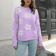 thumbnail image 5 of Ound-Neck Sweaters For Women Trendy Loose Flowers Long Sleeve Turtleneck Pullover Lantern Knit Sweater Tops Purple S, 5 of 7