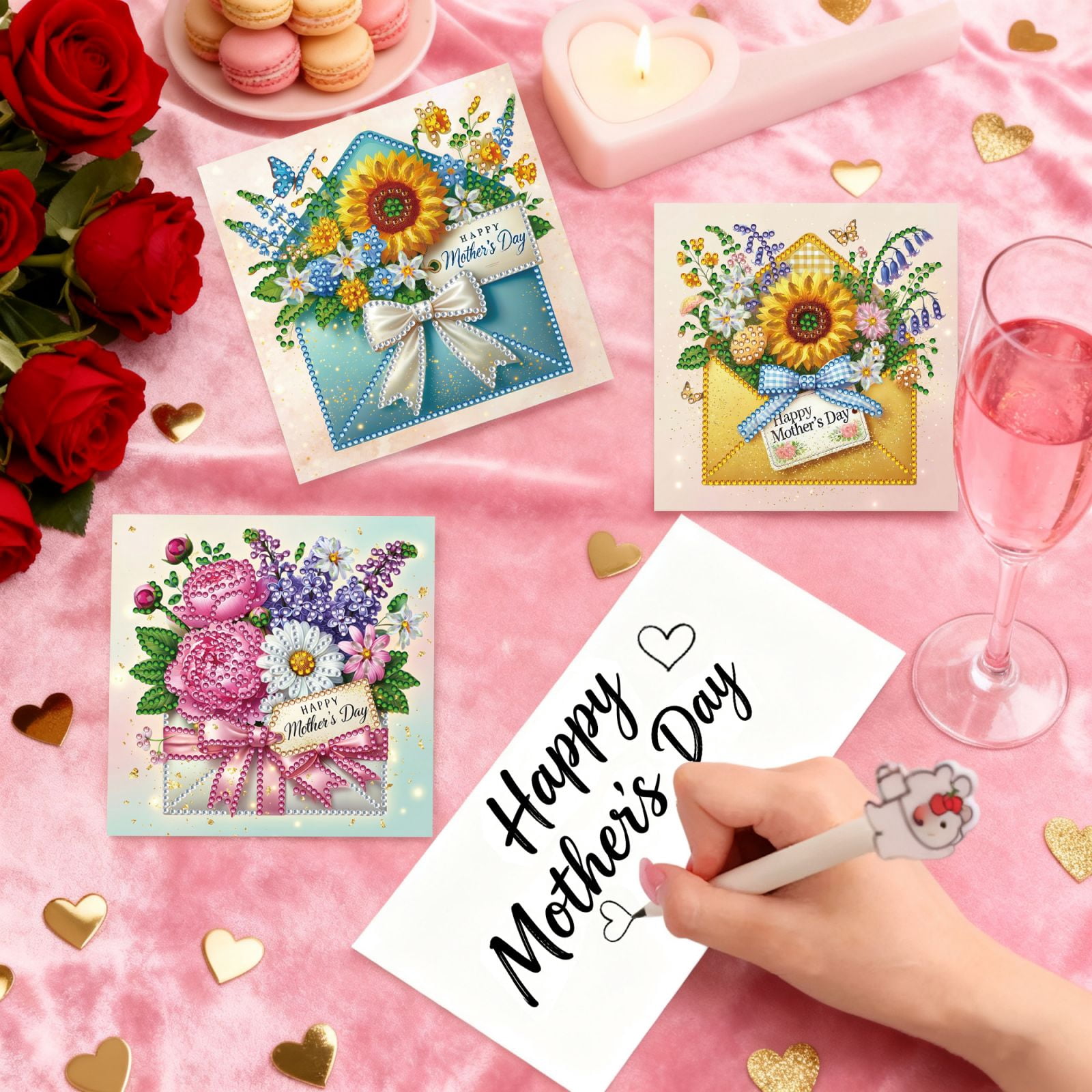 FLOPESN DIY Mother's Day Diamond Art Greeting Card Kit with White Envelope, 5.91X11.81in Envelope Theme, Creative Design Blessing Gift Folding Card Set