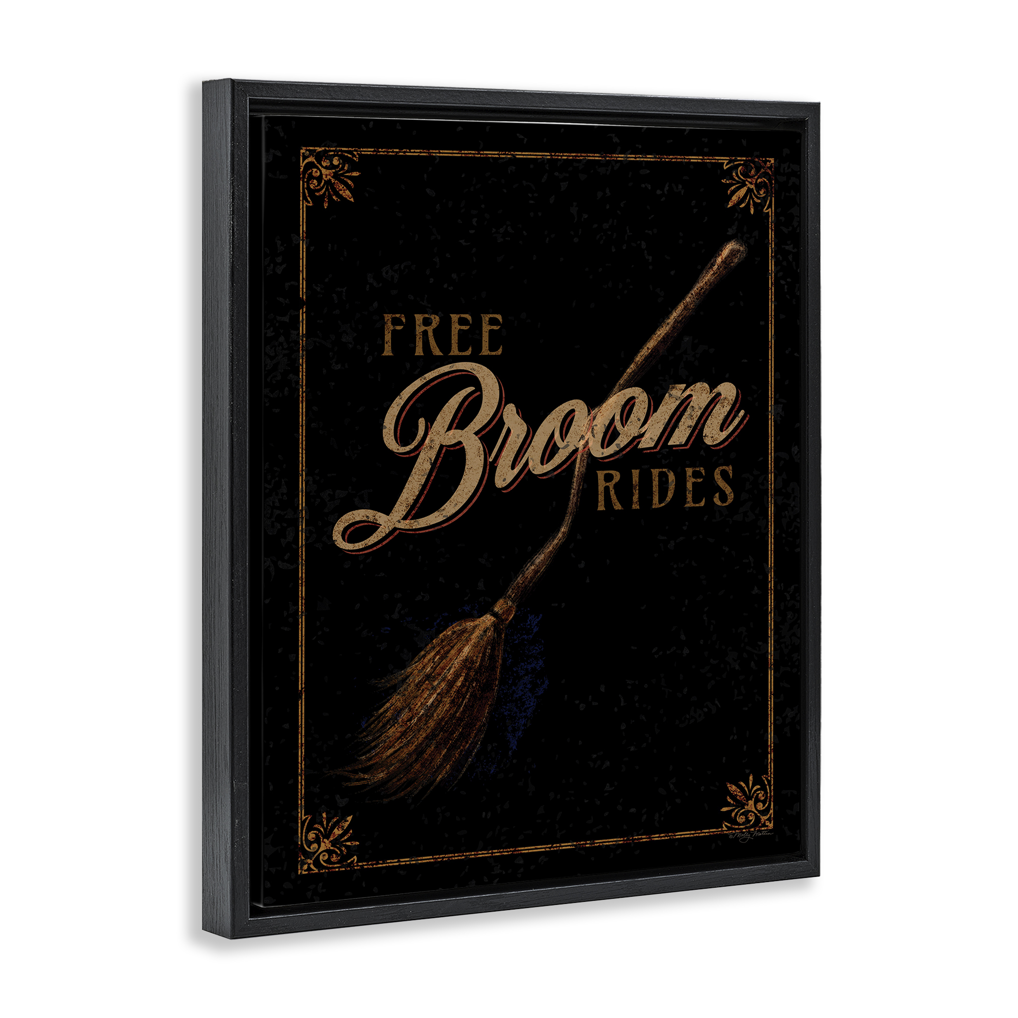 Stupell Industries Rustic Free Broom Rides Holiday Painting Black Floater Framed Art Print Wall Art, 17 x 21