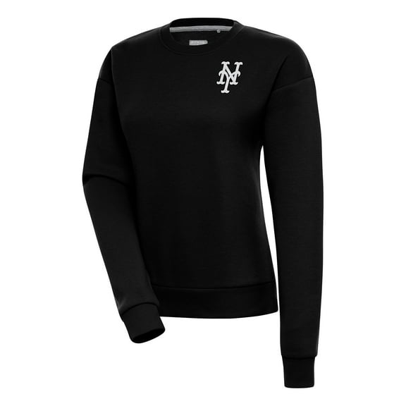 Women's Antigua Black New York Mets Brushed Metallic Victory Pullover Sweatshirt