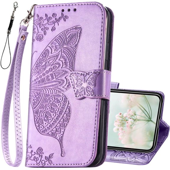 for iPhone 11 Wallet Case,Women Flip Folio Cover with Butterfly Embossed PU Leather Kickstand Credit Card Holder Slots Detachable Wrist Strap for iPhone 11 6.1 inch (Lavender)