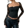 thumbnail image 3 of Women's Floral Lace T Shirt Square Neck Long Sleeve Fitted Y2k Crop Tops, 3 of 9
