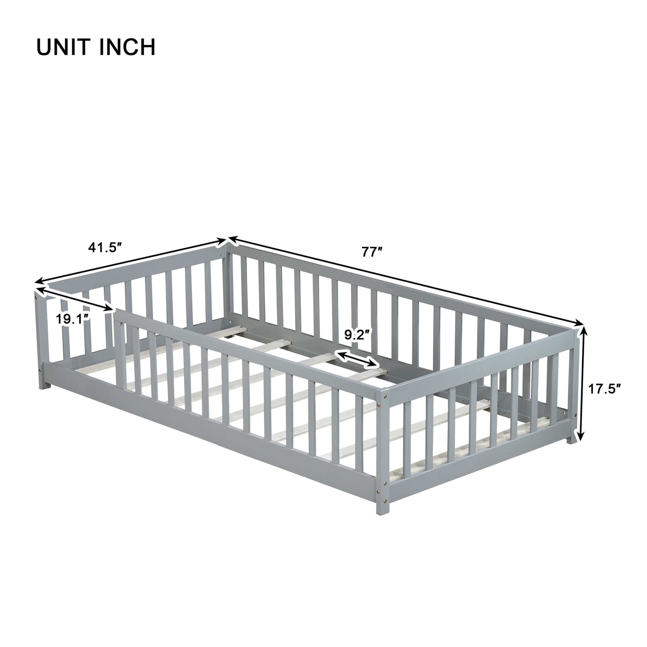 Noble House Nira Twin Size Floor Bed with High Fence, Sturdy Rubber Wood Montessori Bed, Kid's Room, Gray