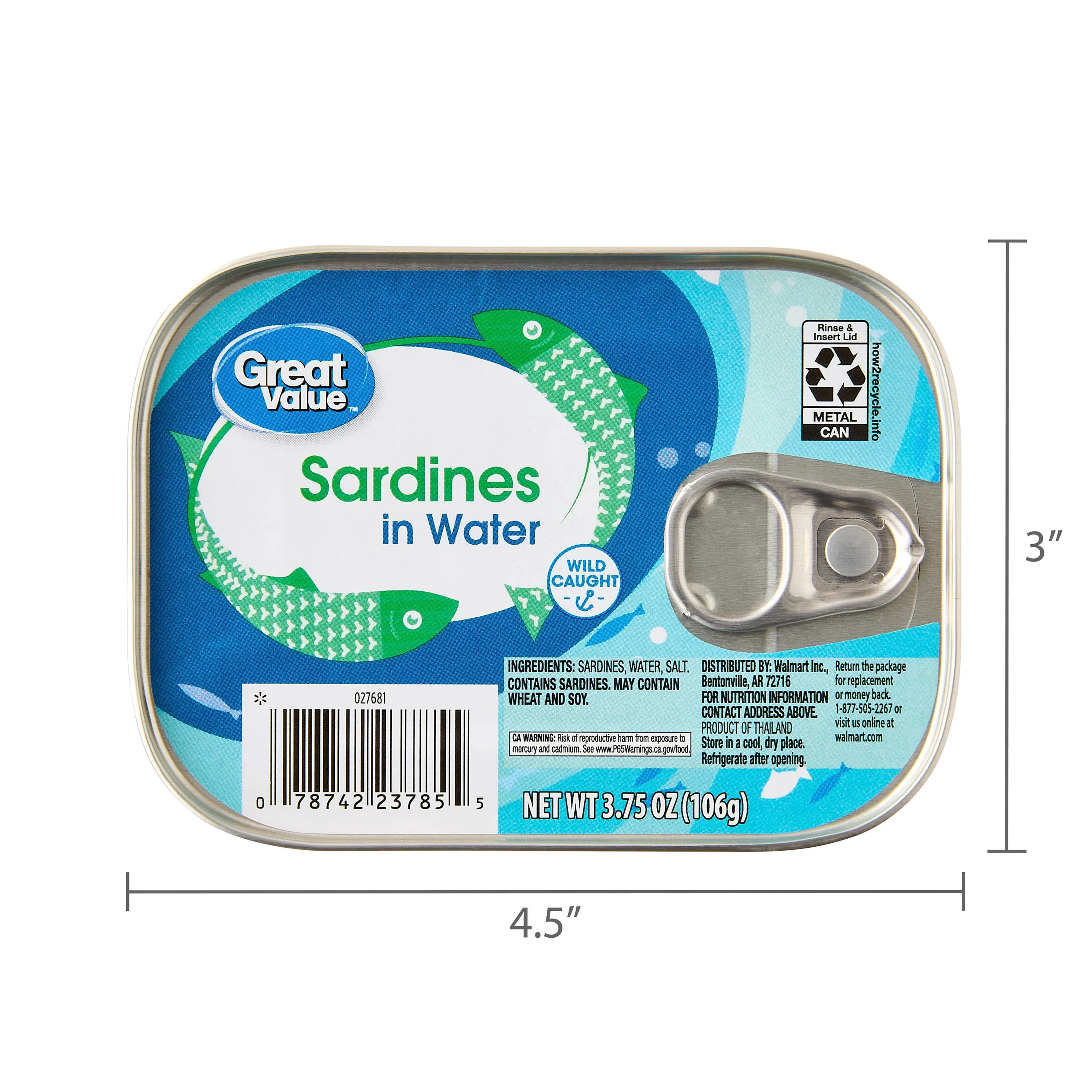 Great Value Sardines in Water, 3.75 oz