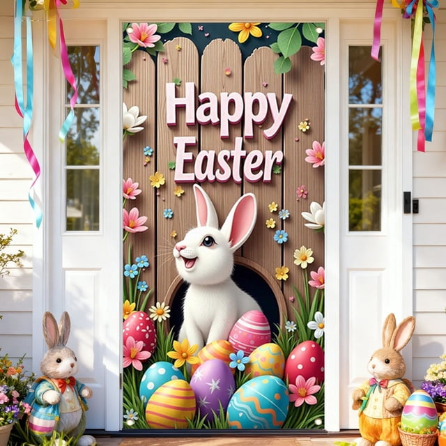 zhangmingg Rideau de Porte de Pâques Panneau de Bienvenue avec Lapin Coloré Œuf Suspendu pour Fête Intérieure Extérieure