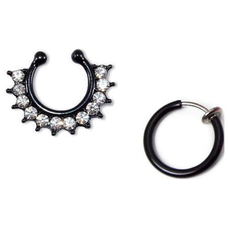 Faux Jewelry Nose Clip Set Black Fake Body Piercing Jewelry set of 2