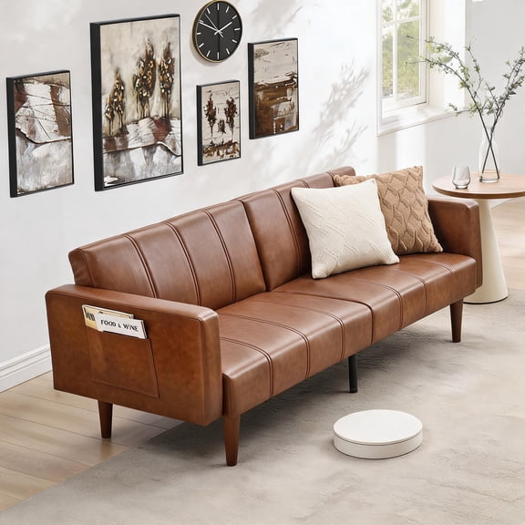 Convertible PU Leather Futon Sofa Bed – 75" Mid-Century Modern Sleeper Couch with Adjustable Backrest & Side Pockets – Space-Saving Loveseat for Living Room & Bedroom, Brown