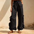 thumbnail image 3 of Bloomae Wide Leg Boho Pants Women Casual Drawstring Elastic High Waisted Flowy Ruffled Hem Palazzo Pants Trendy Beach Vacation Lounge Trousers with Pockets, 3 of 9