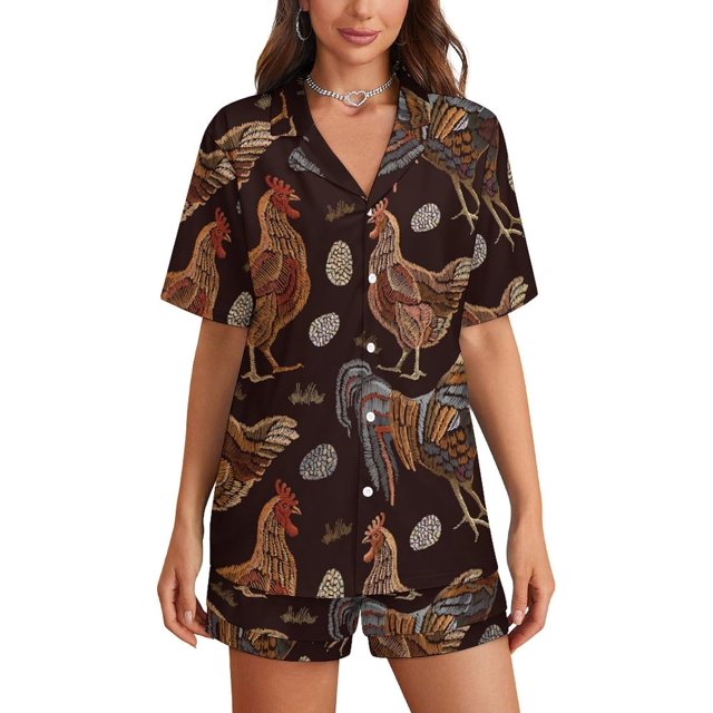 Sdmnsg-T Chicken And Rooster Women Pajama Set Short Sleeve Comfy Pjs Sets 2 Piece Lounge Set