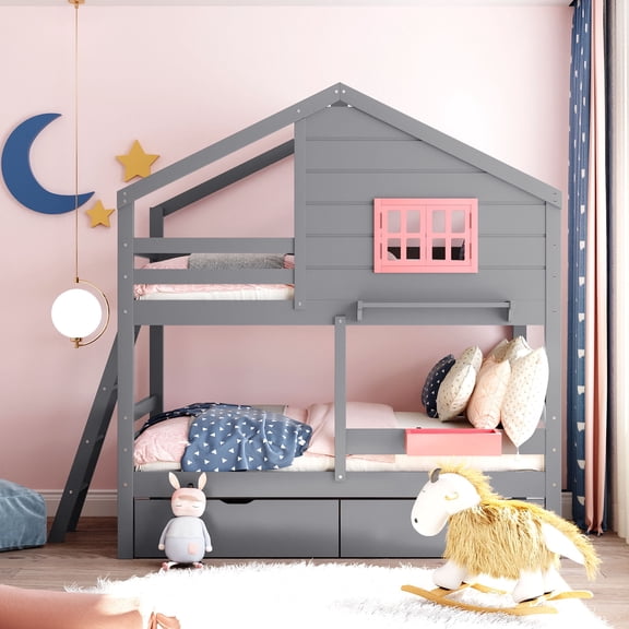 Harper & Bright Designs Wooden House Bed Twin over Twin Bunk Bed with Window and Roof, Twin Size Loft Bed Frame with 2 Drawers, 1 Storage Box, 1 Shelf for Bedroom, Gray