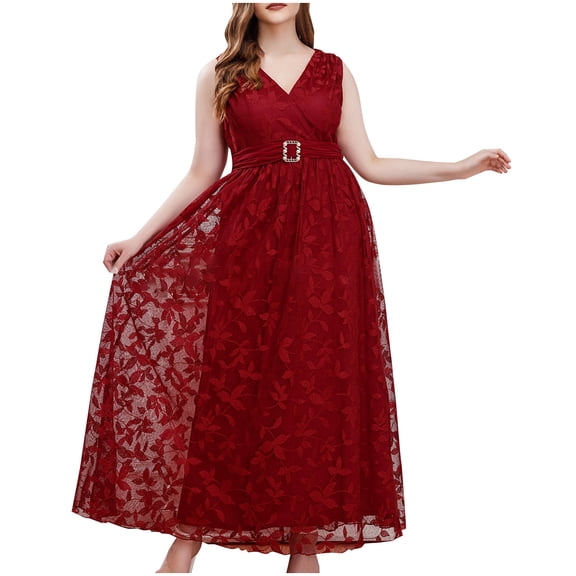 Formal Dresses for Women, Plus Size Embroidered Lace Maxi Dress Sleeveless V-Neck High Waisted Wedding Guest Party Dresses Business Dress Red 4XL