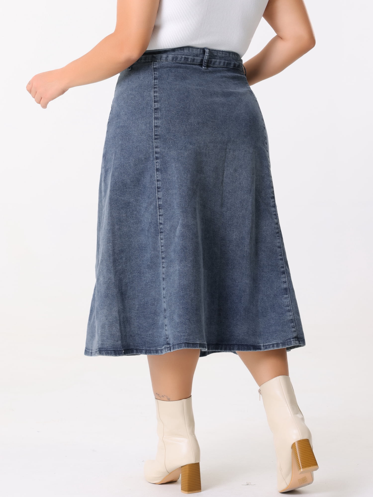 DARING DIVA Women's Plus Denim Skirts with Pockets A-Line Midi Jean Skirt 1X Grey Blue