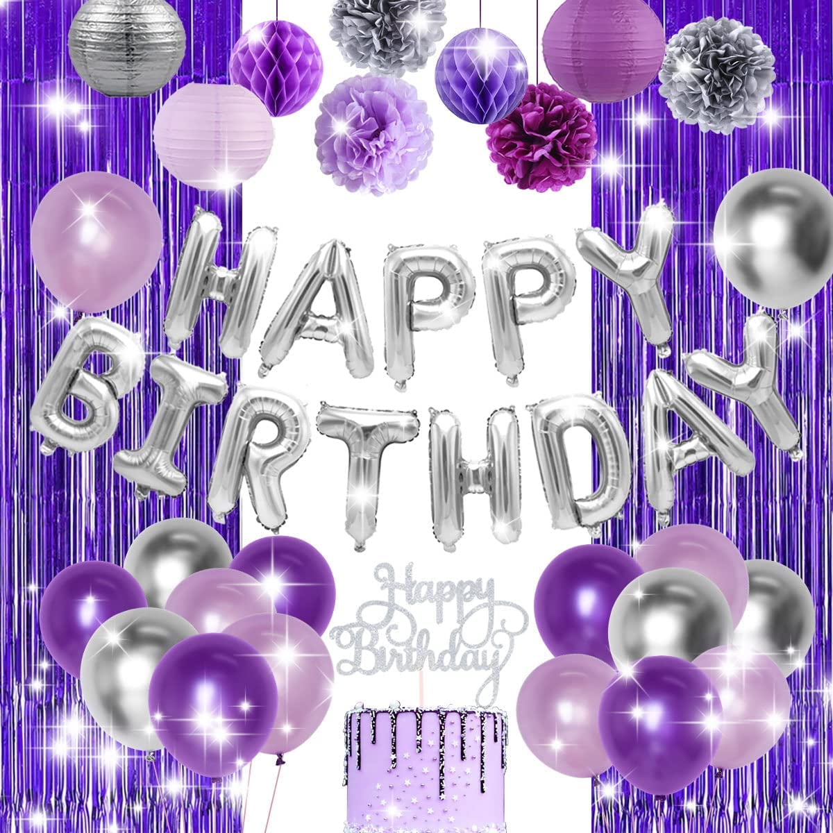 Purple Silver Birthday Party Decorations Supplies Happy Birthday Balloons Banner Cake Topper