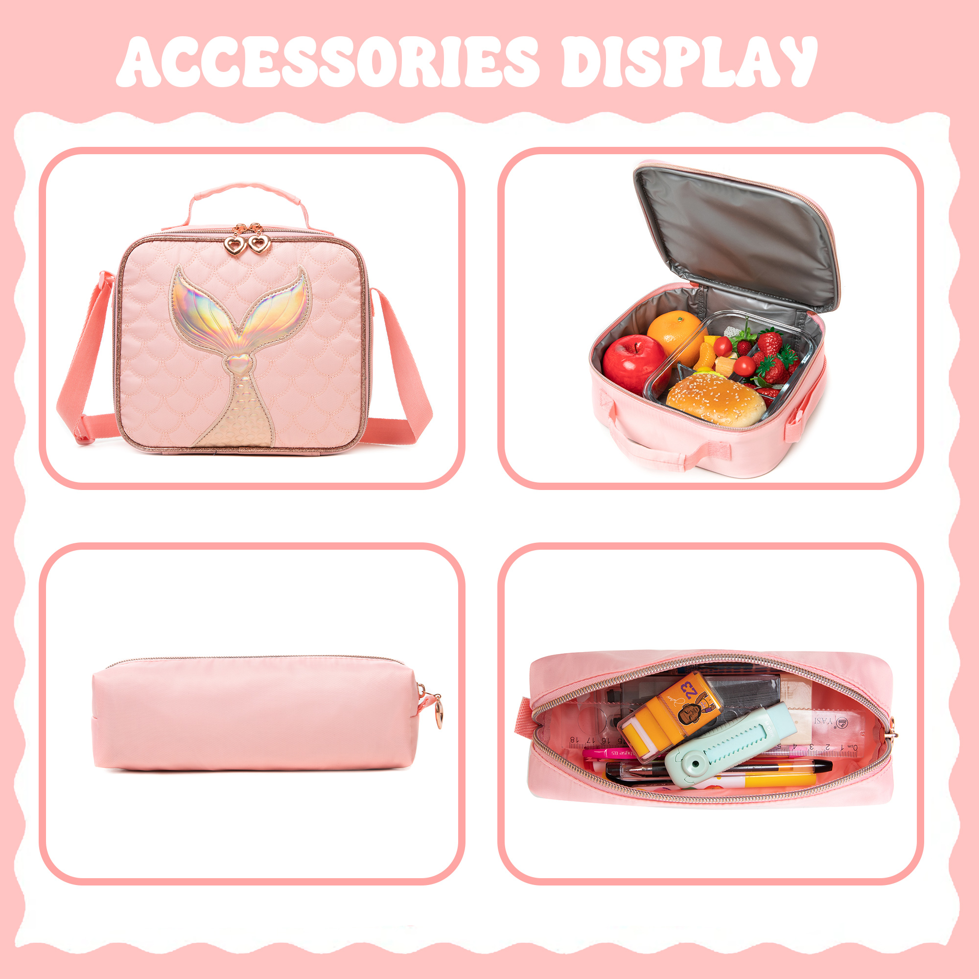 Pink Kids Rolling Backpacks for Girls Roller Backpack with Wheels Lunch Bag Pencil Case Wheeled School Bag for 8-10 Mermaid