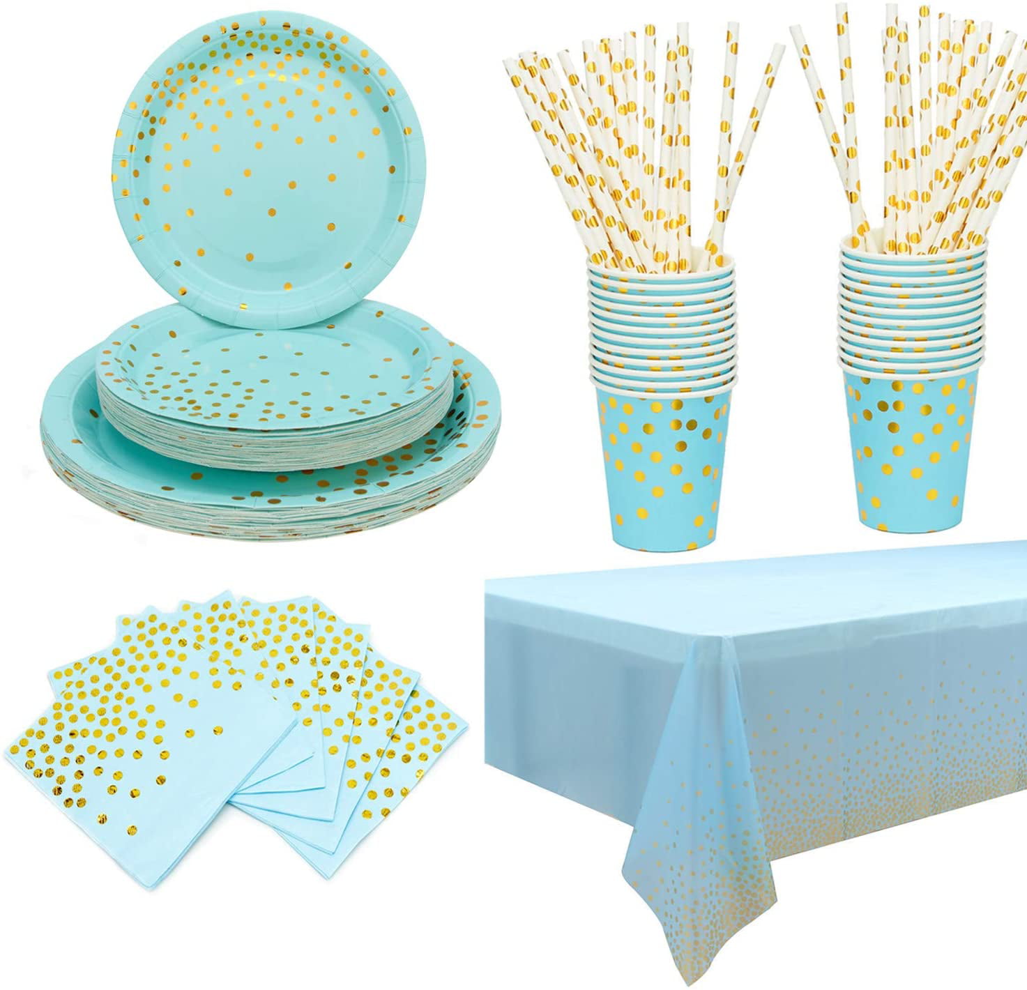 7 Inch Plates Wedding Graduation 20 Cups and 20 Napkins 80pcs Blue with Gold Foil Dots Disposable Paper Party Set Including 9 Inch Paper Plates Used for Birthday Party Blue Party Tableware Kit
