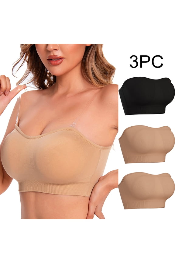 Women Bras Plus Size Push up Pack of 3 Wireless Padded Strapless Convertible Stretch Bandeau No Wire Solid Seamless Invisible Support Clear Strap Breathable Comfort Soft Everyday Bra Black 2XL