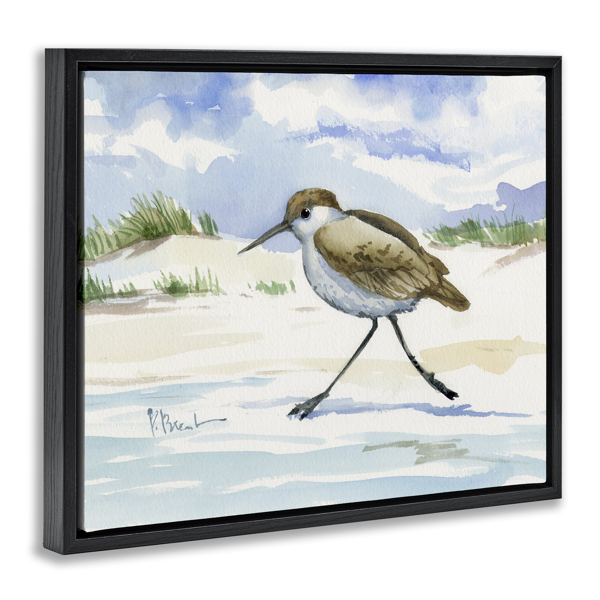 Stupell Industries Inlet Beach Sandpiper Running Black Framed Floater Canvas Wall Art, design by Paul Brent