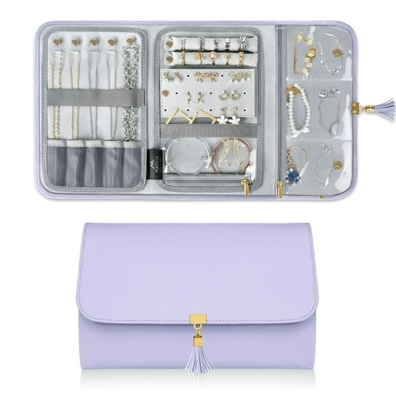 Matein Foldable Travel Jewelry Case Organizer, PU Leather Storage Roll for Earrings, Necklaces, Rings, Bracelets, Purple