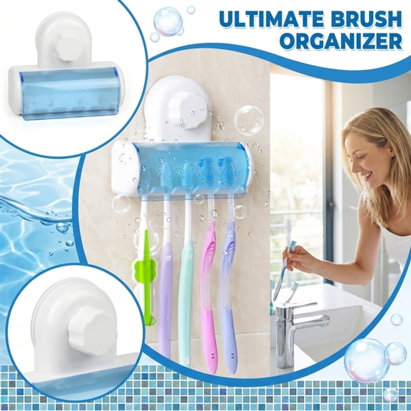 Plastic Toothbrush Holder 3.93 x 4.72 in, Suction Cup Wall Mounted Bathroom Organizer for Shower Area and Toothbrush Storage (Blue)