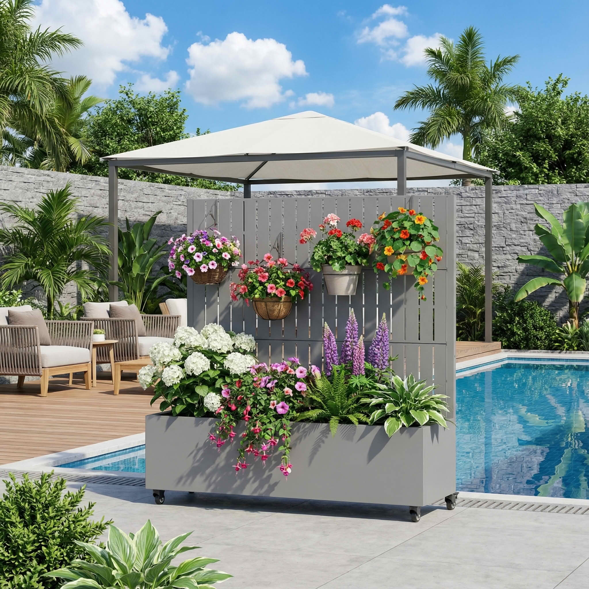 MAYEERTY 47X47" Metal Outdoor Gray Privacy Screen with Planter Box for Backyard & Garden, 3 Piece Set