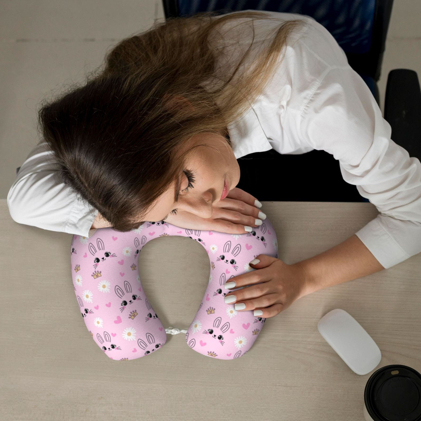 Xecao Rabbit Face Print Memory Foam Cervical Neck Pillow Versatile U-Shaped Pillows for Home,Office,Camping,Travelling,Soft Washable Cover