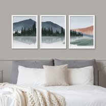 PixonSign Framed Canvas Print Wall Art Set - Watercolor Mountain Range & Lake Reflection Art - Set of 3 Nature Wilderness Landscape Wall Décor for Living Room, Bedroom - 12"x16"x3 Panels White