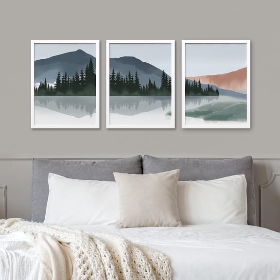 PixonSign Framed Canvas Print Wall Art Set - Watercolor Mountain Range & Lake Reflection Art - Set of 3 Nature Wilderness Landscape Wall Décor for Living Room, Bedroom - 12"x16"x3 Panels White