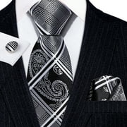 Barry.Wang Paisley Ties for Men Flower Silk Necktie Set with Handkerchief Cufflinks Wedding Party Business